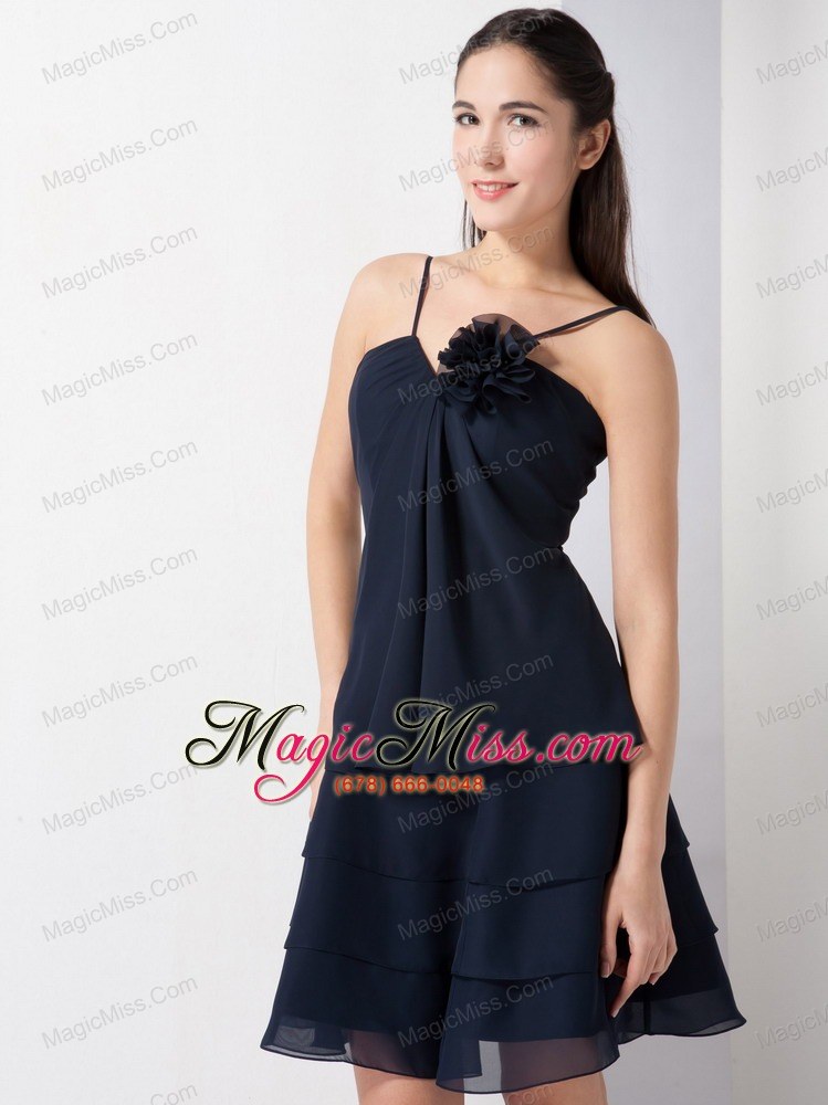 wholesale navy blue a-line spaghetti straps knee-length chiffon hand made flower prom dress