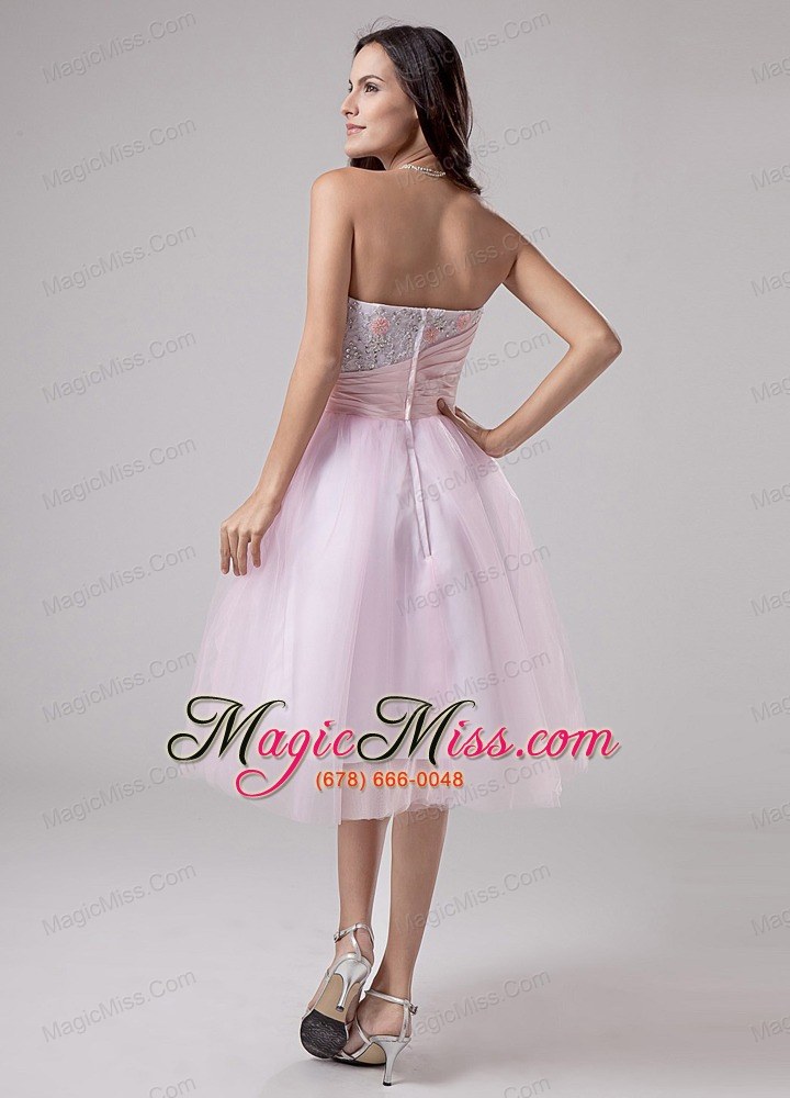 wholesale lace and beading strapless tulle tea-length a-line lace and beading prom dress pink