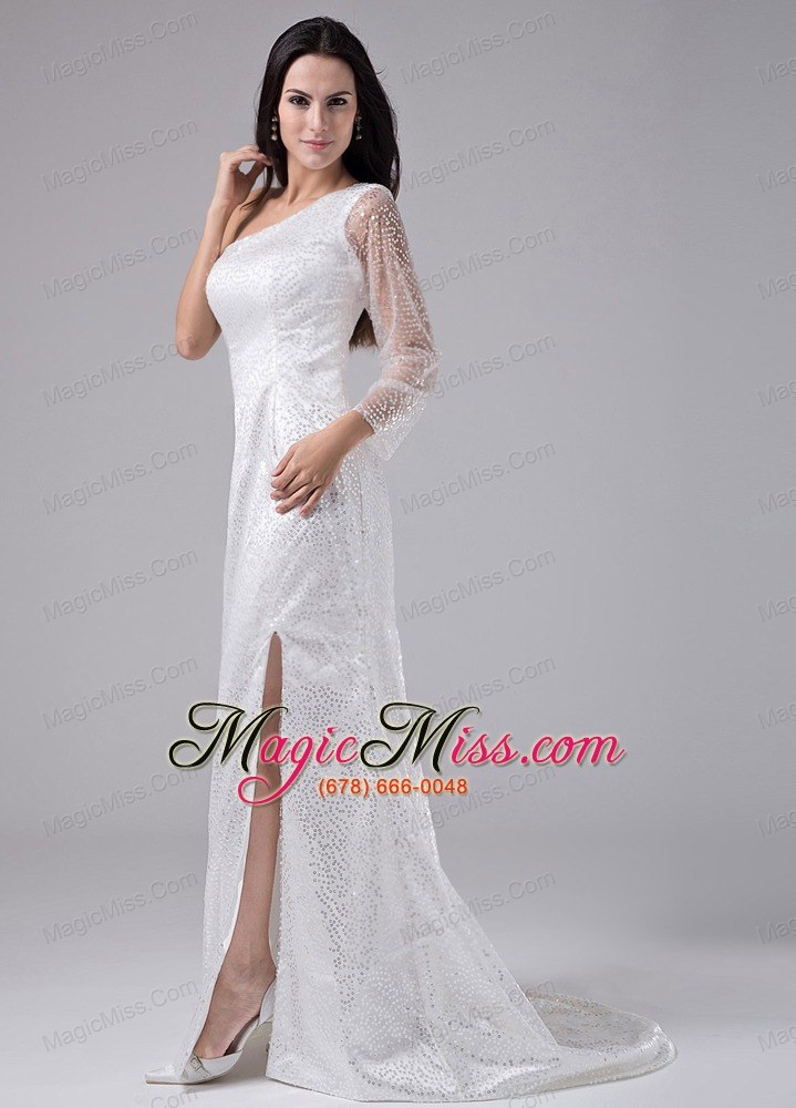 wholesale high slit sequins one shoulder brush/sweep column prom dress white