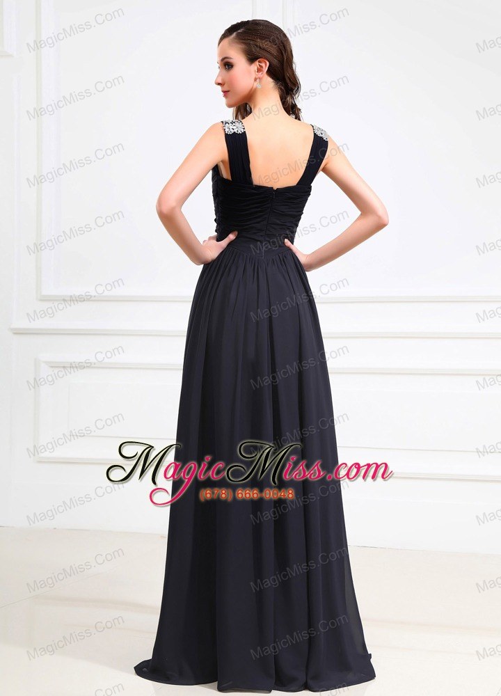 wholesale beaded decorate shoulder chiffon empire floor-length v-neck prom dress navy blue