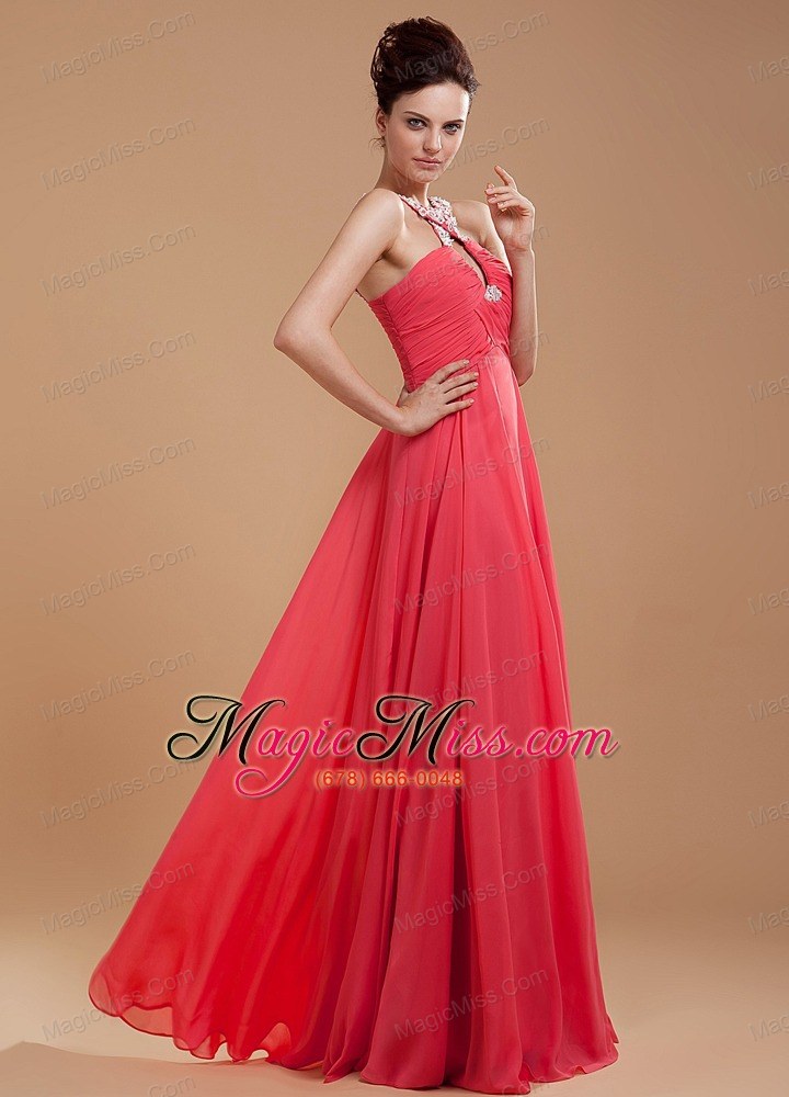 wholesale coral red prom dress with v-neck beaded and appliques chiffon for custom made