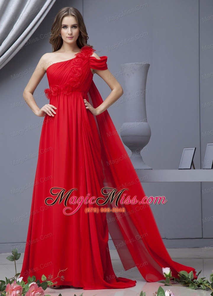 wholesale red prom dress with one shoulder watteau train chiffon for custom made