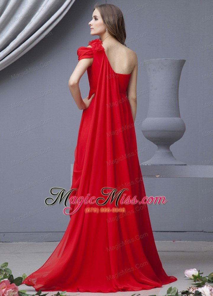 wholesale red prom dress with one shoulder watteau train chiffon for custom made