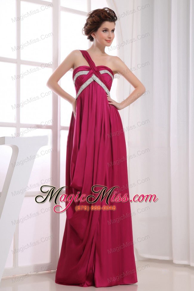 wholesale beading and ruching decorate bodice one shoulder wine red elastic woven satin prom dress for 2013 floor-length