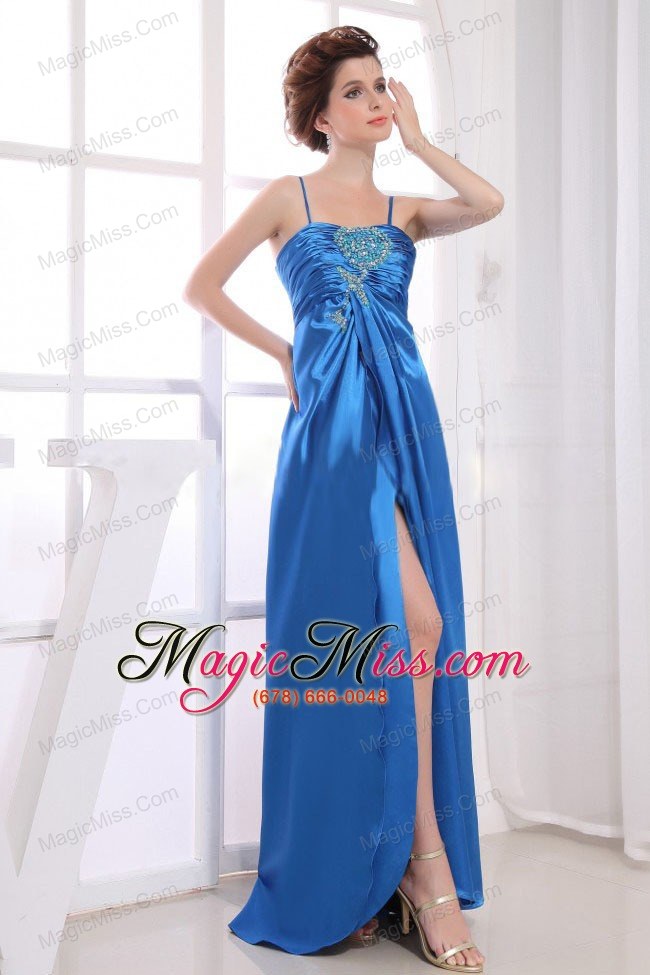 wholesale royal blue prom / evening dress with spaghetti straps appliques and beading high slit
