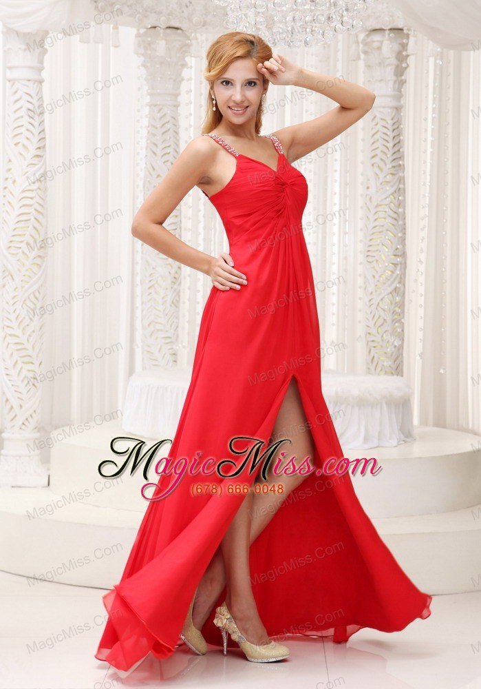 wholesale beaded decorate straps high slit prom / evening dress for 2013 chiffon floor-length