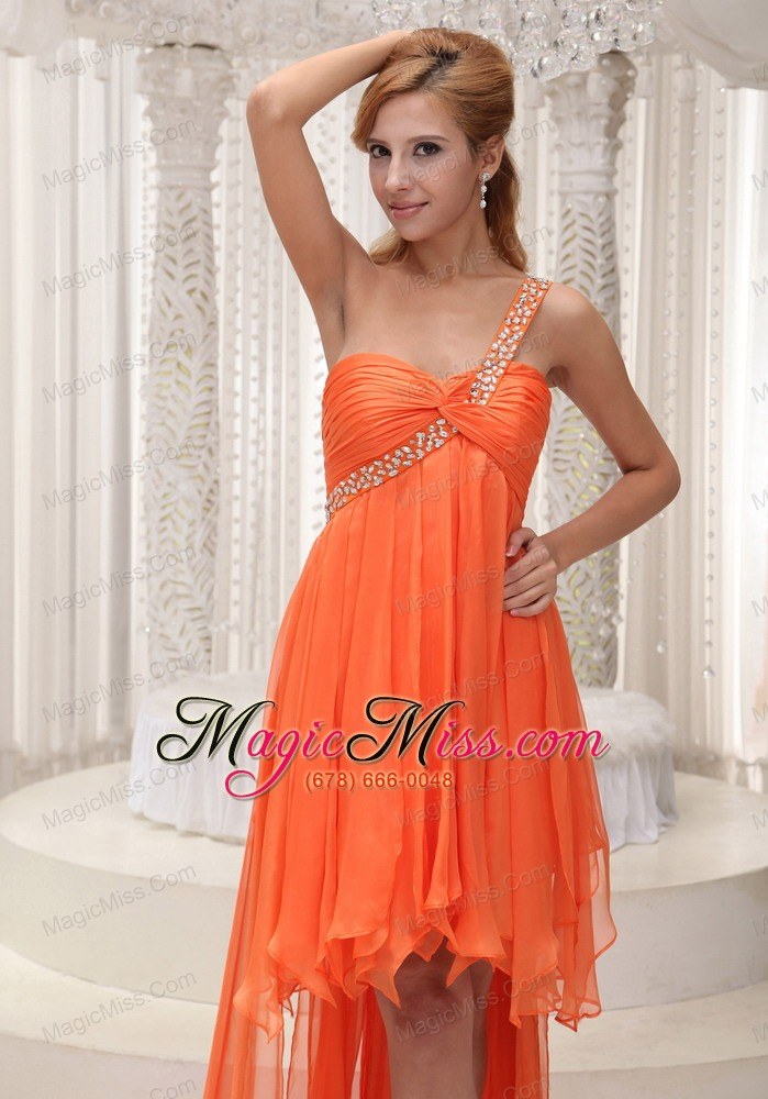 wholesale beaded decorate one shoulder ruched bodice orange chiffon high-low a-line prom / homecoming dress for 2013