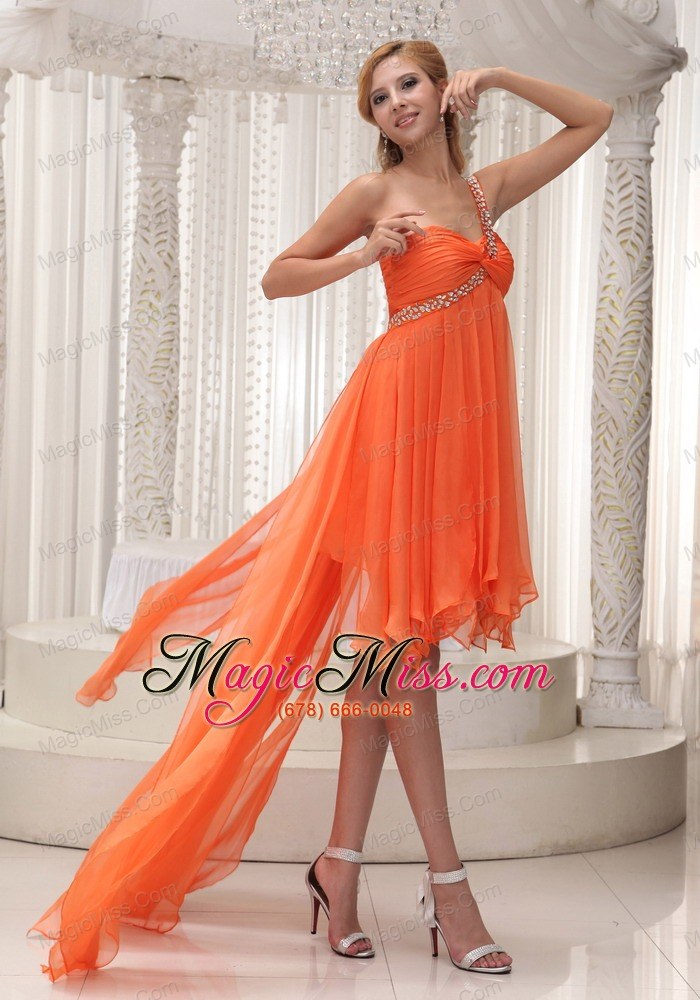 wholesale beaded decorate one shoulder ruched bodice orange chiffon high-low a-line prom / homecoming dress for 2013