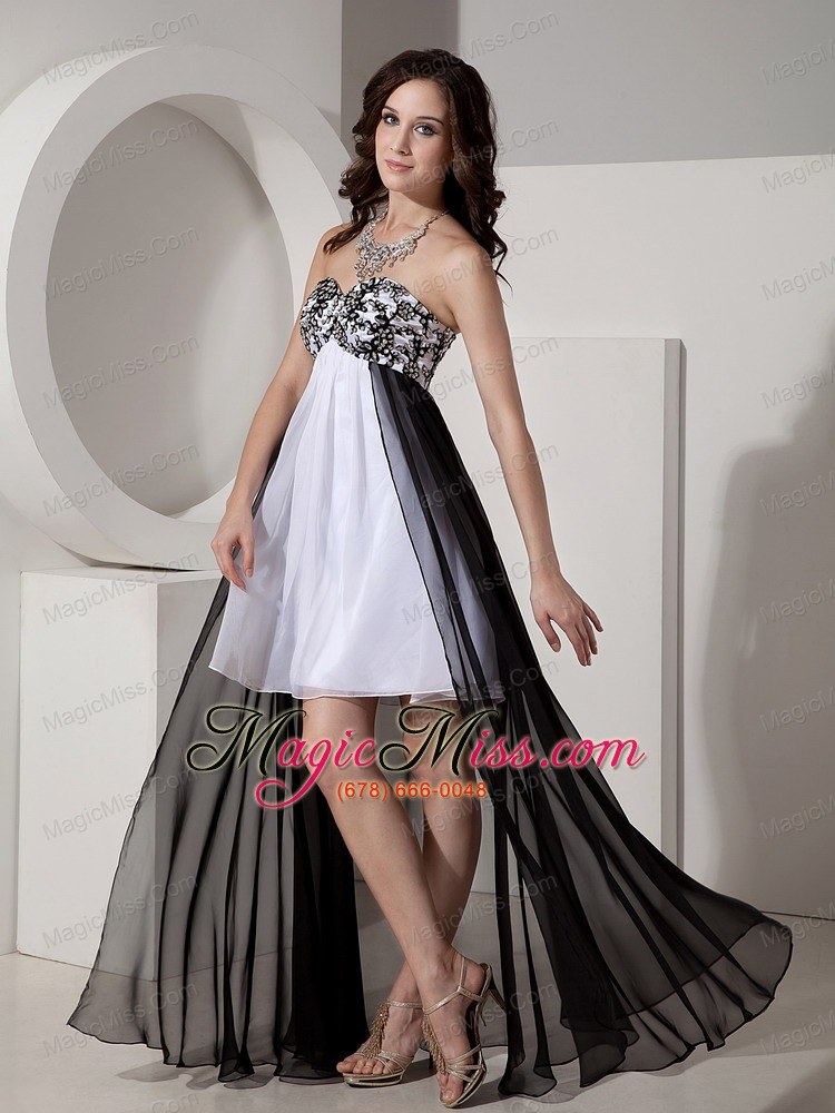 wholesale cheap black and white chiffon prom dress with appliques and beading