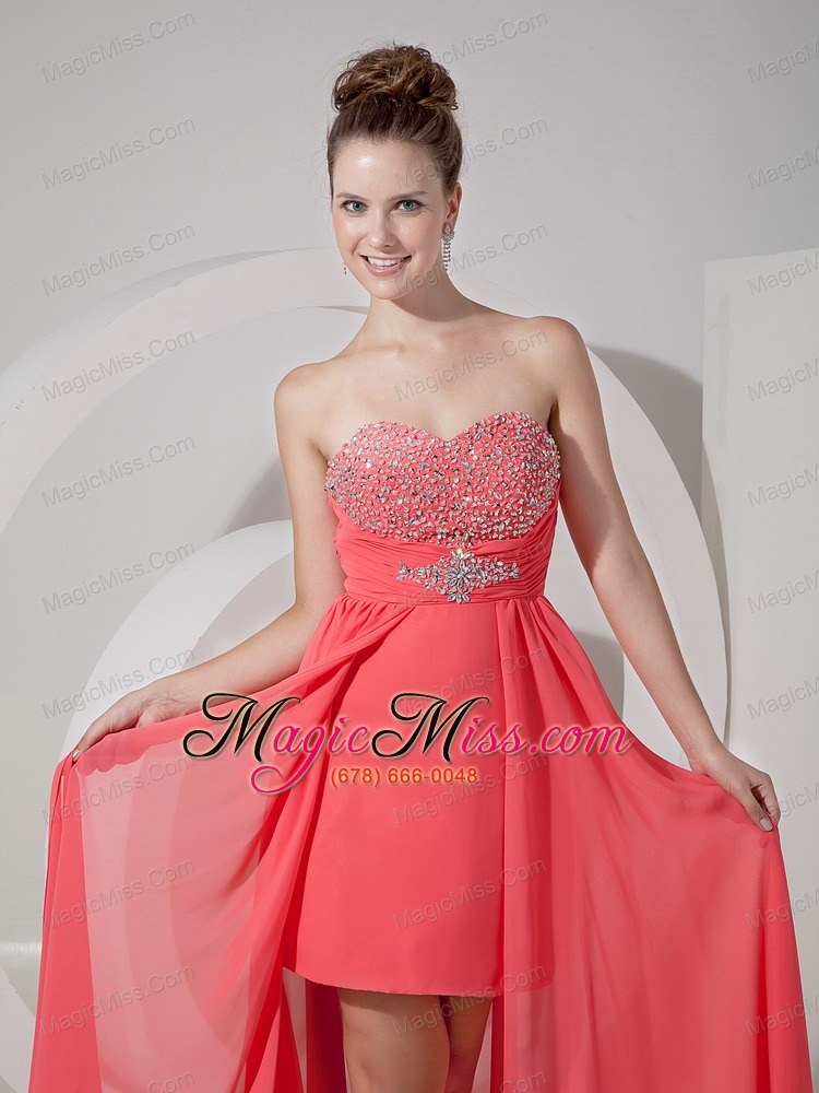 wholesale watermelon red high-low prom dress / evening gown with beading