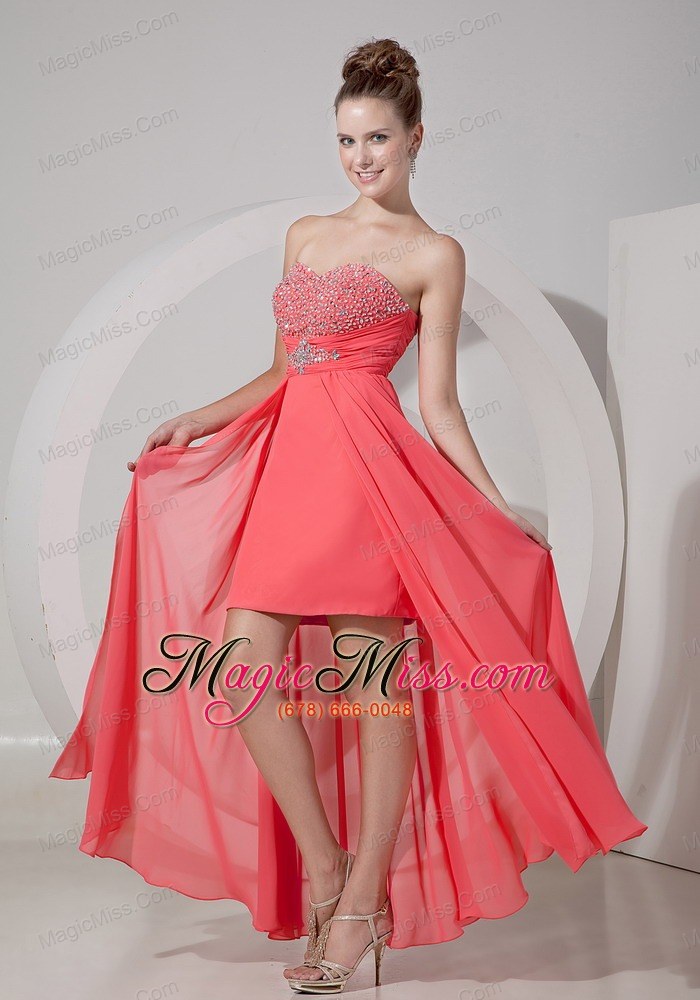wholesale watermelon red high-low prom dress / evening gown with beading