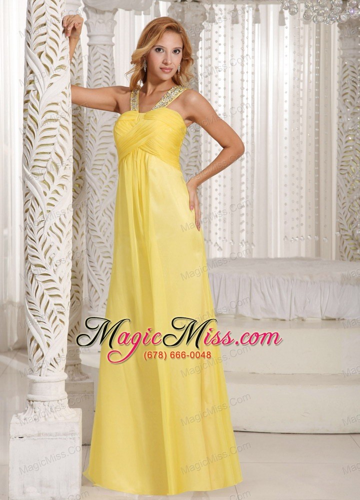 wholesale light yellow empire beaded decorate straps ruched bodice prom dress party style