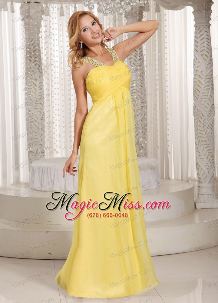 wholesale light yellow empire beaded decorate straps ruched bodice prom dress party style
