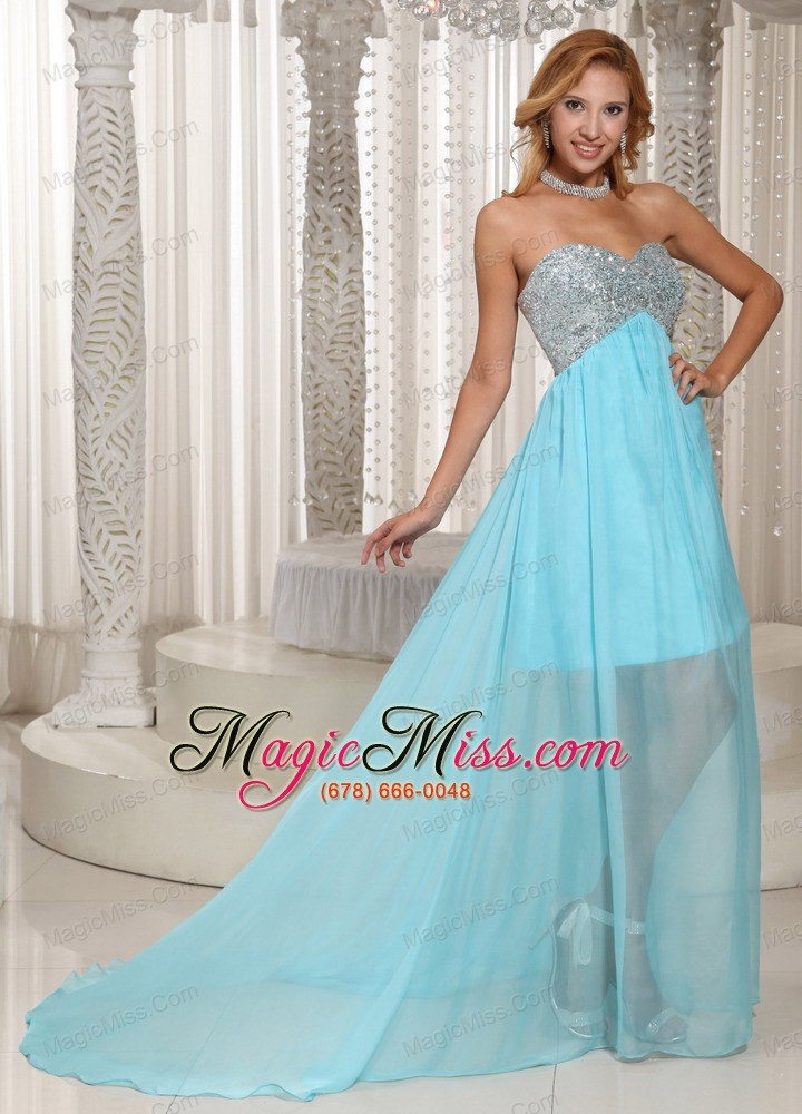 wholesale custom made design own prom dress with aque blue sweetheart beaded brush train for party style