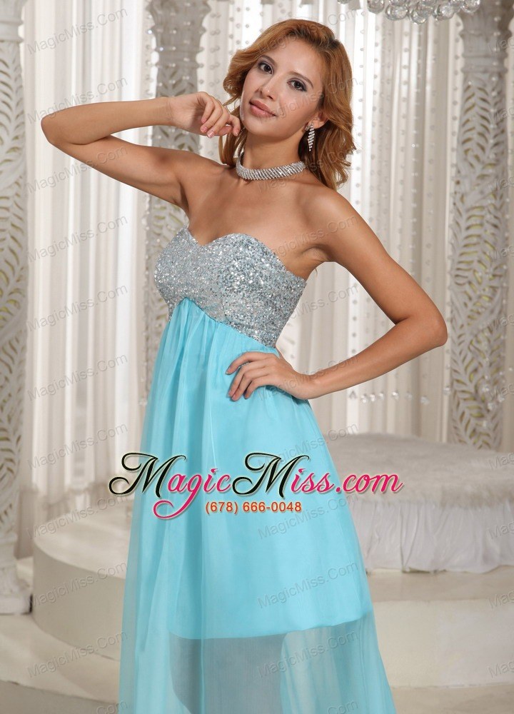 wholesale custom made design own prom dress with aque blue sweetheart beaded brush train for party style