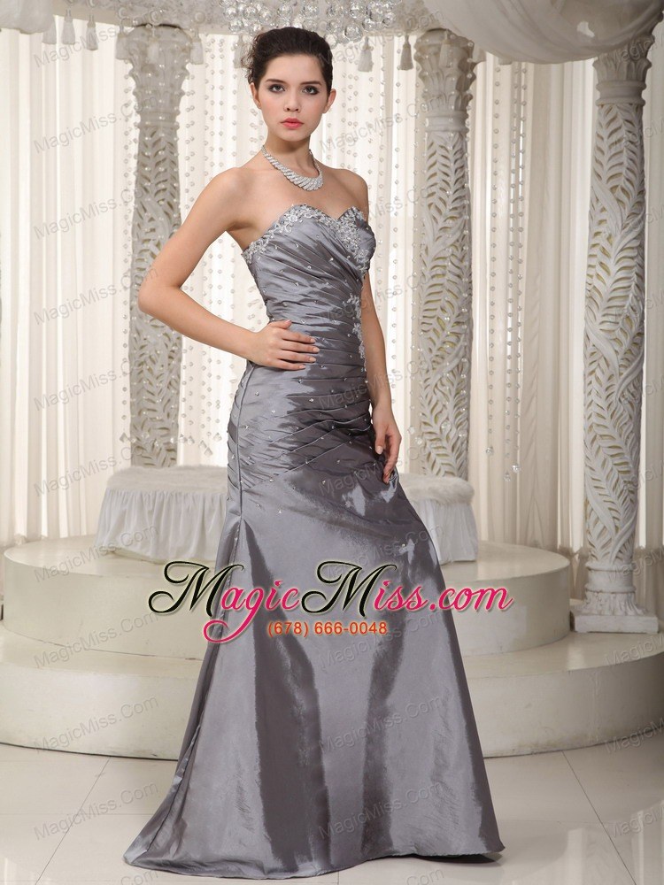 wholesale gray column sweetheart floor-length elastic woven satin appliques and beading prom dress
