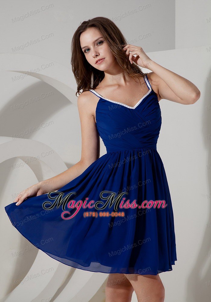wholesale blue a-line spaghetti straps mini-length chiffon ruch prom dress