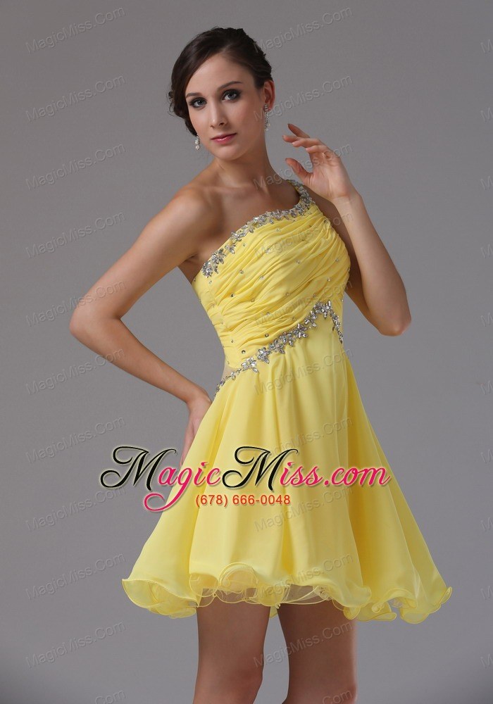 wholesale custom made one shoulder and yellow for prom dress with ruched and beading in bear valley california
