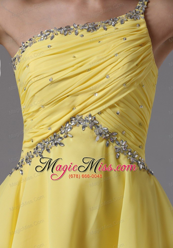 wholesale custom made one shoulder and yellow for prom dress with ruched and beading in bear valley california