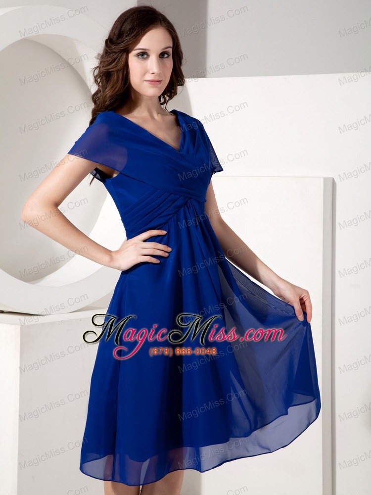 wholesale elegant royal blue mother of the bride dress empire v-neck chiffon ruched knee-length