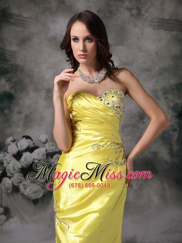wholesale exquisite yellow column sweetheart evening dress taffeta beading brush train