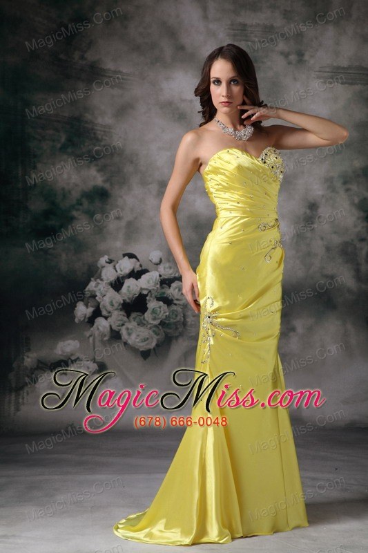 wholesale exquisite yellow column sweetheart evening dress taffeta beading brush train