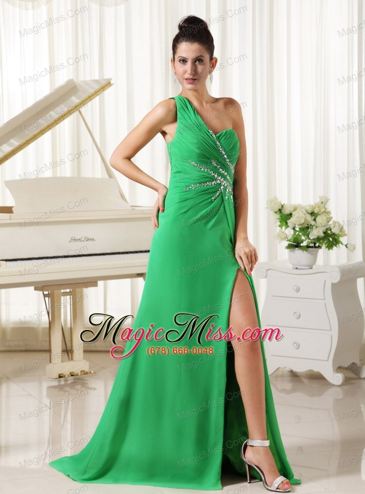 wholesale one shoulder high slit 2013 homecoming dress spring green ruched and beading bodice