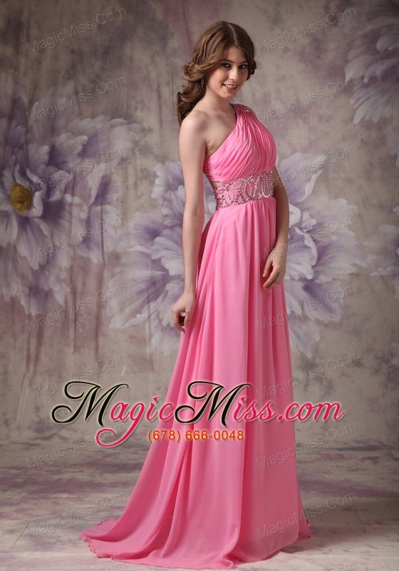 wholesale wonderful rose pink empire one shoulder prom dress chiffon ruch and beading brush train