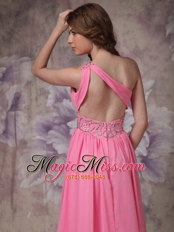 wholesale wonderful rose pink empire one shoulder prom dress chiffon ruch and beading brush train