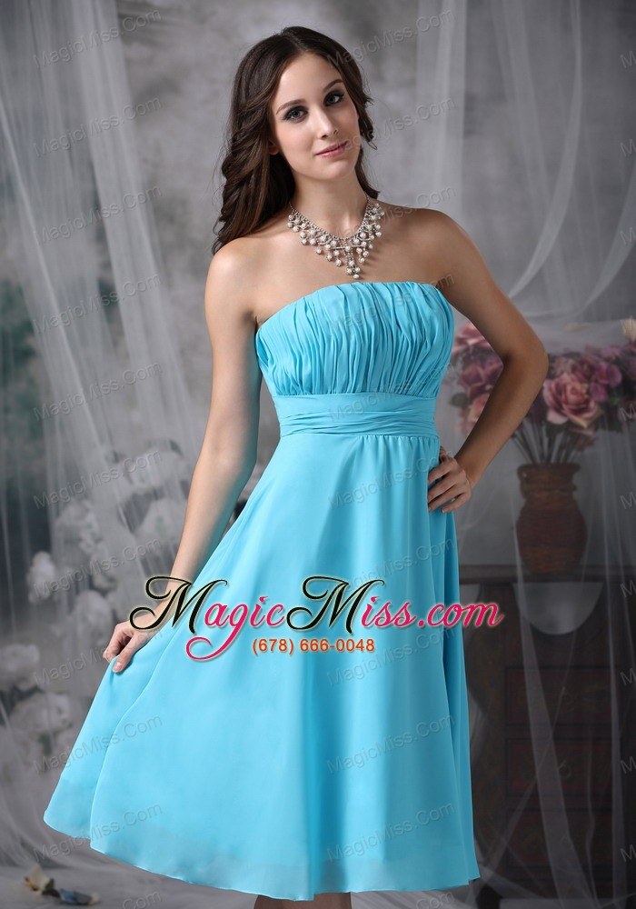 wholesale aque blue empire strapless knee-length chiffon ruch prom dress