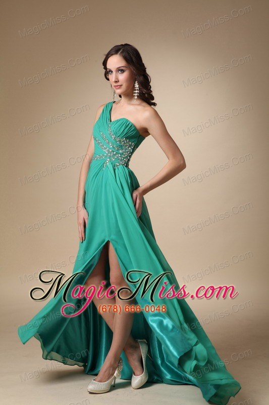 wholesale turquoise empire one shoulder brush train chiffon and elastic woven satin beading prom dress