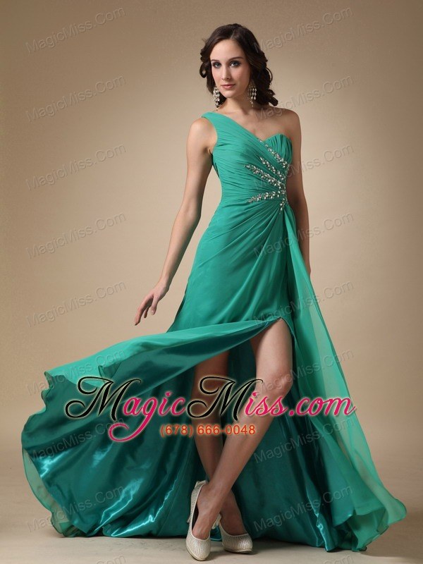 wholesale turquoise empire one shoulder brush train chiffon and elastic woven satin beading prom dress