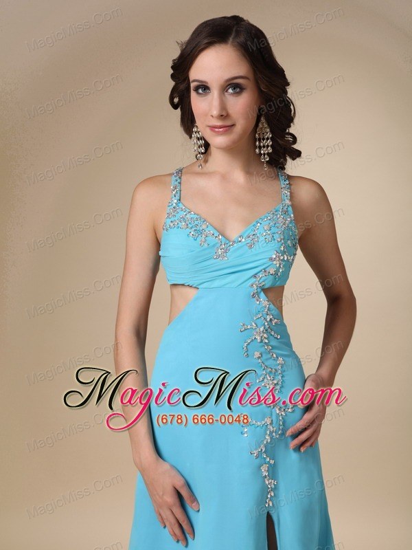 wholesale aqua blue column spaghetti straps brush train chiffon and elastic wove satin beading prom dress