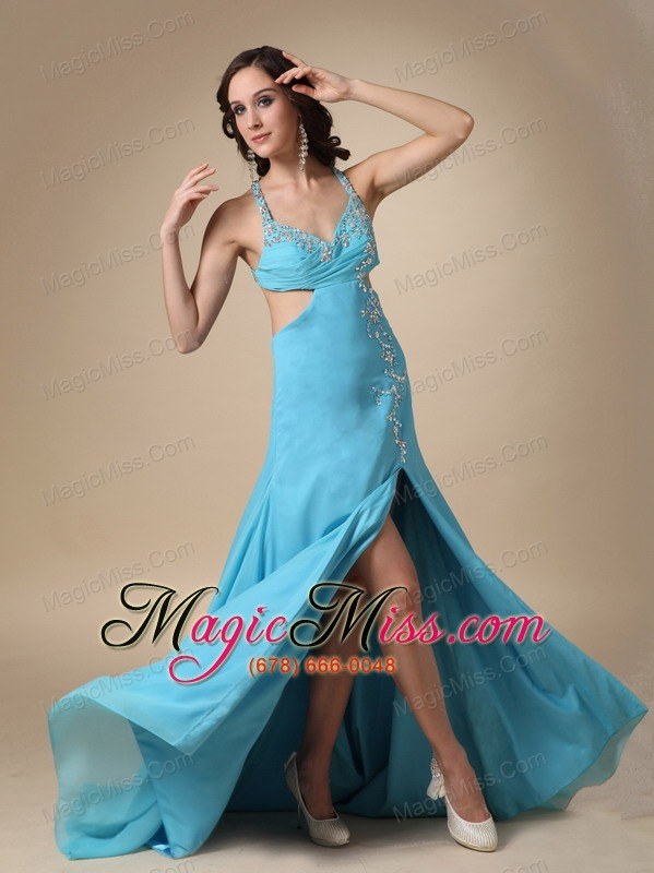 wholesale aqua blue column spaghetti straps brush train chiffon and elastic wove satin beading prom dress