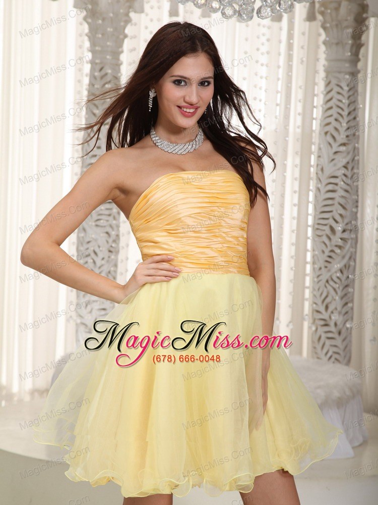 wholesale light yellow a-line / pricess strapless mini-length organza ruch prom / homecoming dress
