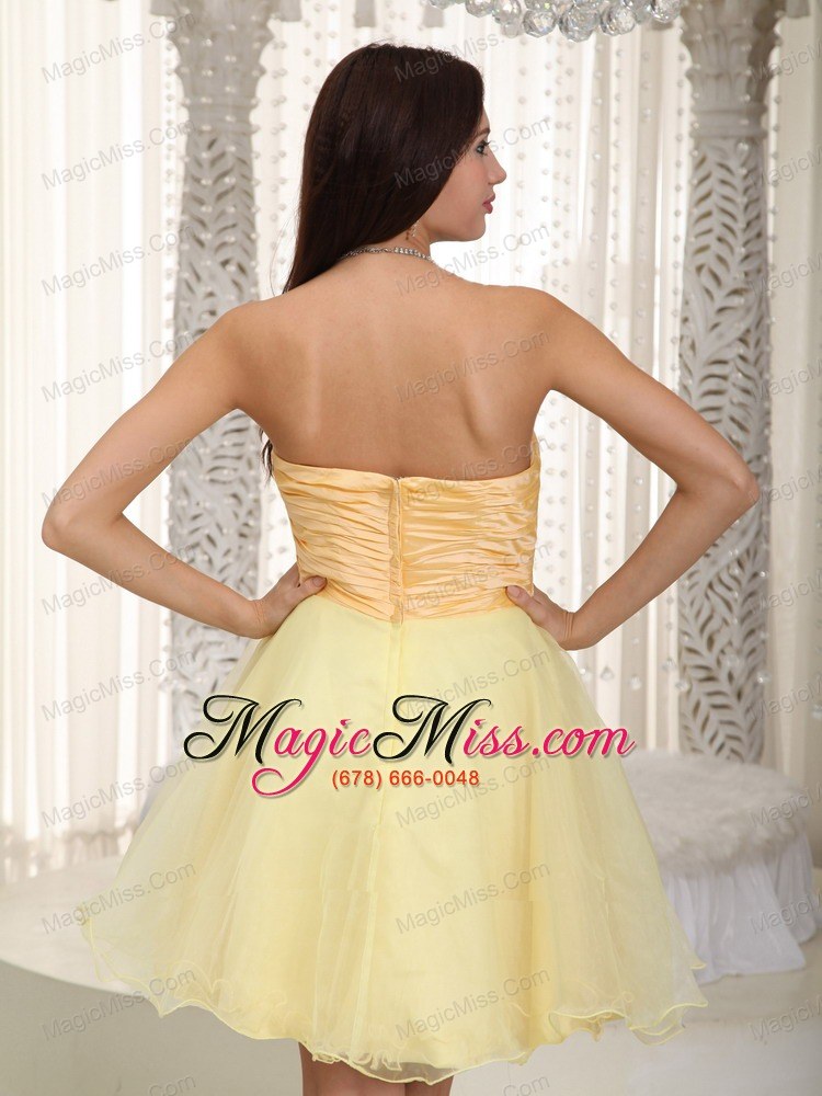 wholesale light yellow a-line / pricess strapless mini-length organza ruch prom / homecoming dress
