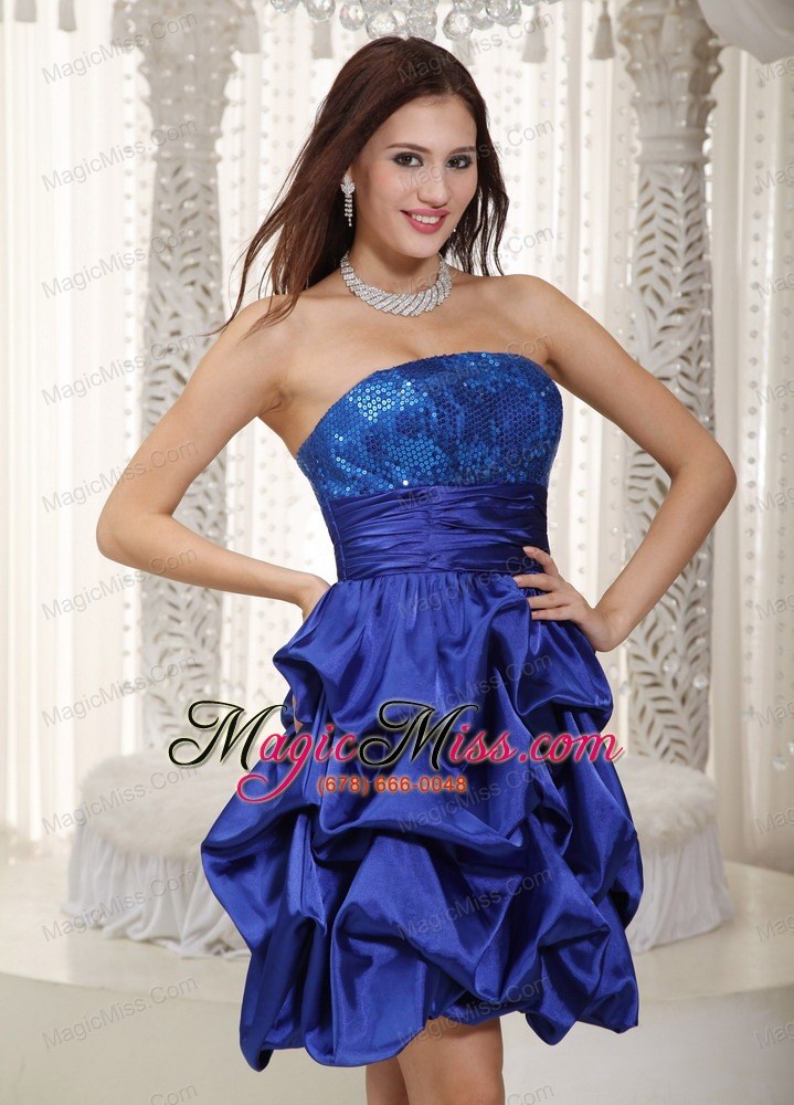 wholesale blue a-line strapless knee-length sequins and pick-ups taffeta prom dress