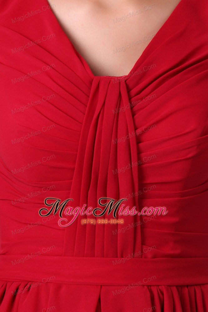 wholesale wine red empire v-neck mini-length chiffon ruch prom dress
