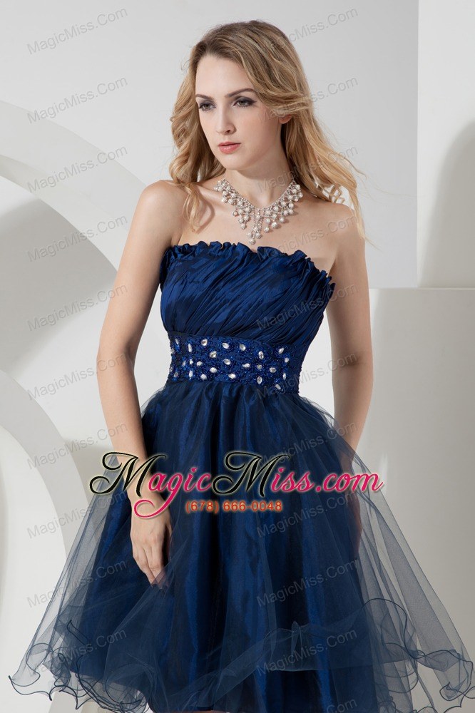 wholesale navy blue a-line / princess strapless knee-length organza beadingprom dress