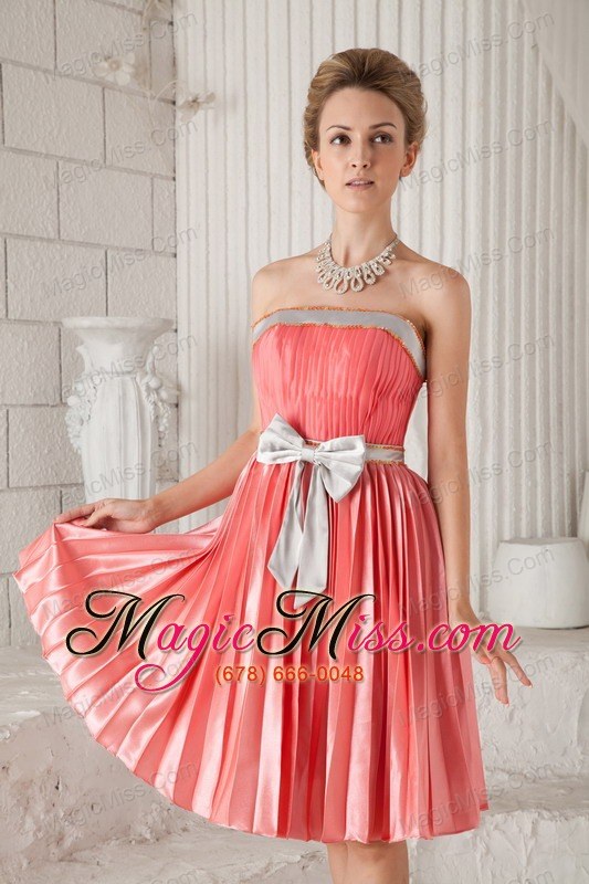 wholesale watermelon column / sheath strapless knee-length elastic woven satin bow prom dress