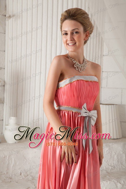 wholesale watermelon column / sheath strapless knee-length elastic woven satin bow prom dress