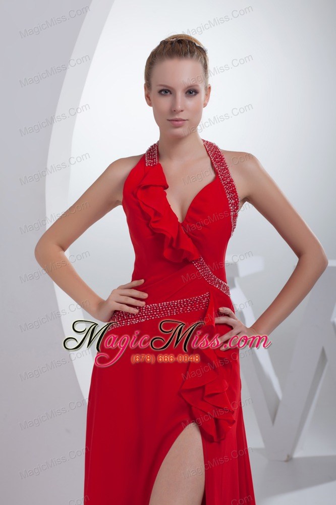wholesale beading and high slit red halter long prom dress