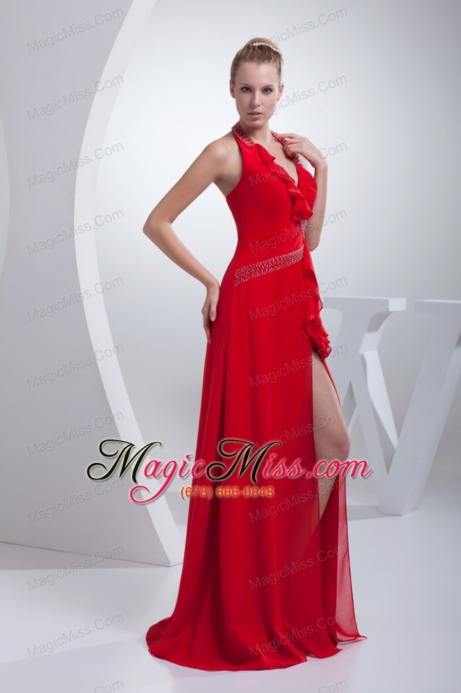 wholesale beading and high slit red halter long prom dress