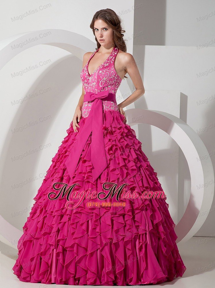 wholesale hot pink ball gown halter floor-length chiffon embroidery quinceanera dress
