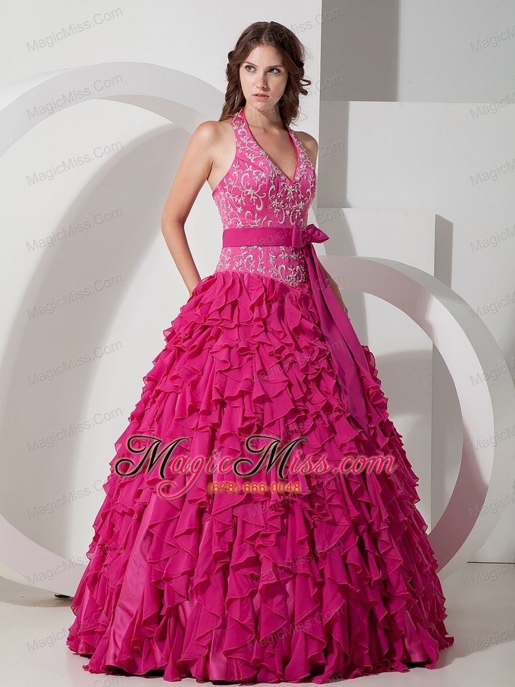 wholesale hot pink ball gown halter floor-length chiffon embroidery quinceanera dress