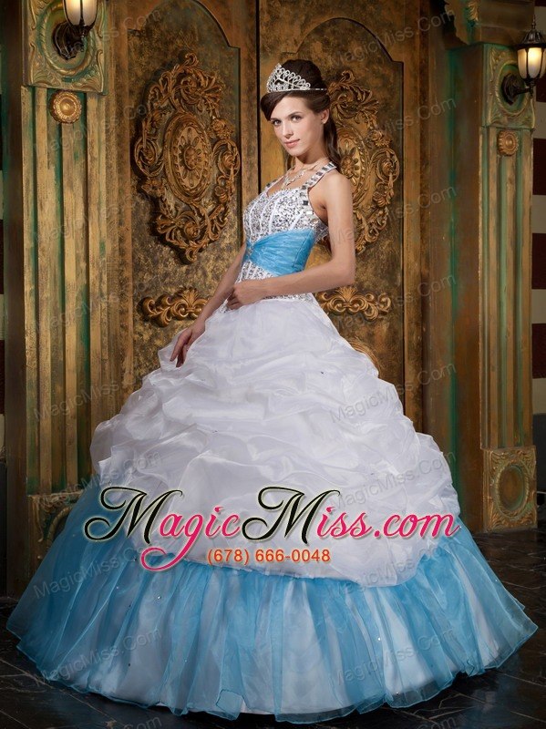 wholesale white and blue a-line / princess halter floor-length beading quinceanera dress