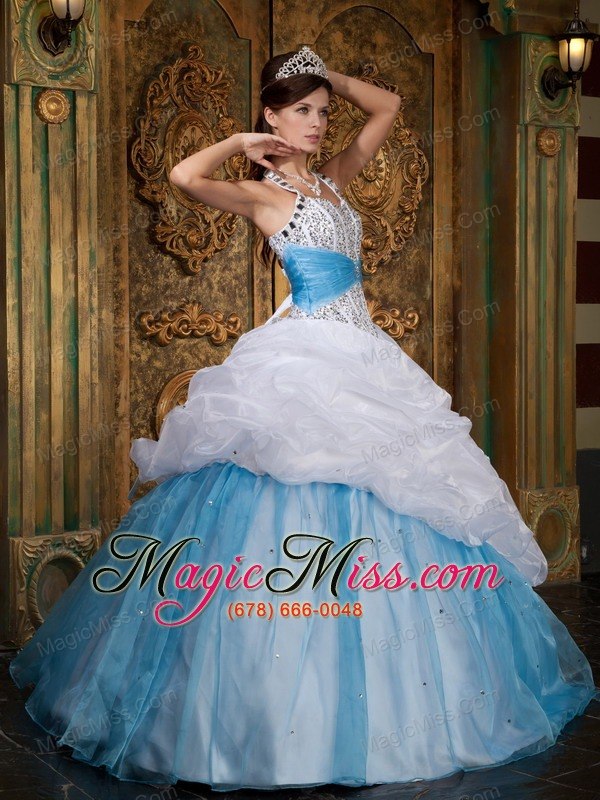 wholesale white and blue a-line / princess halter floor-length beading quinceanera dress