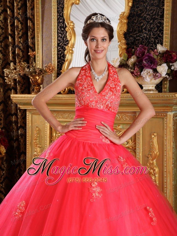 wholesale coral red ball gown halter floor-length appliques tulle quinceanera dress