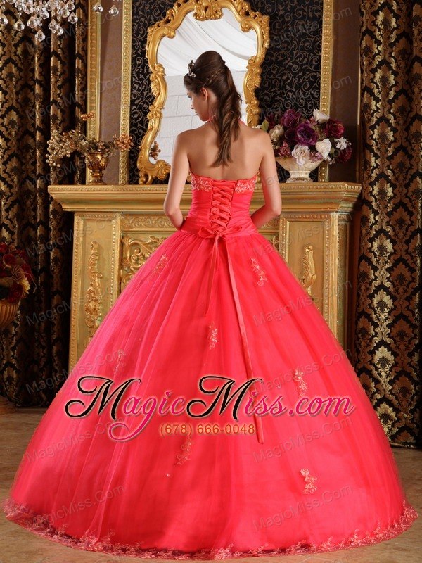 wholesale coral red ball gown halter floor-length appliques tulle quinceanera dress