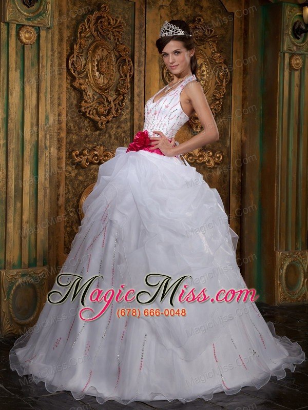wholesale white a-line halter floor-length organza beading quinceanera dress
